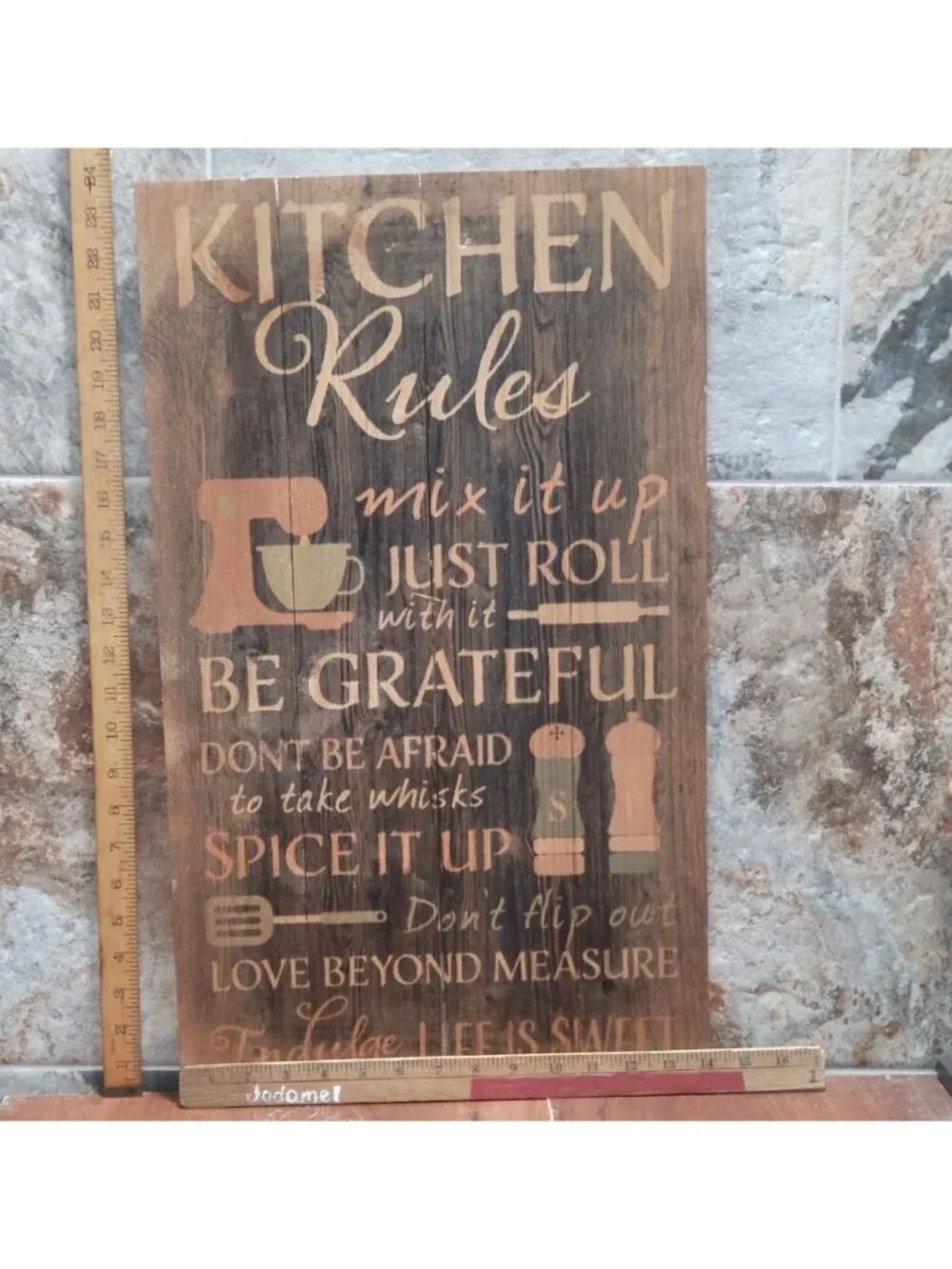 P Graham Dunn Kitchen Rules Distressed Wood Pallet Wall Art Sign Plaque 24x14